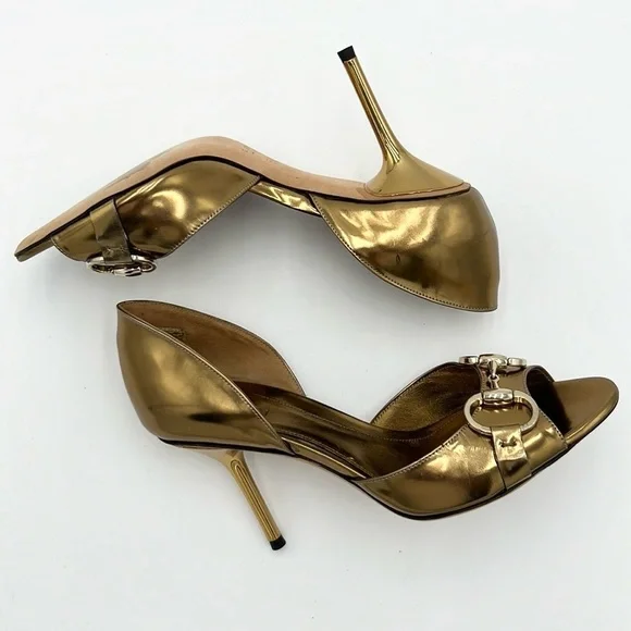 GUCCI WOMEN’S HORSE BIT OPEN TOE GOLD HEEL SZ 5.5 B - Picture 6 of 10